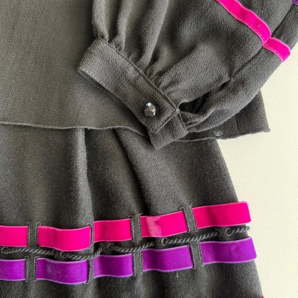 Anna Sui USA‎ Made Wool Woven Velvet Ribbon Peasant Flounce Black Pink Dress 8